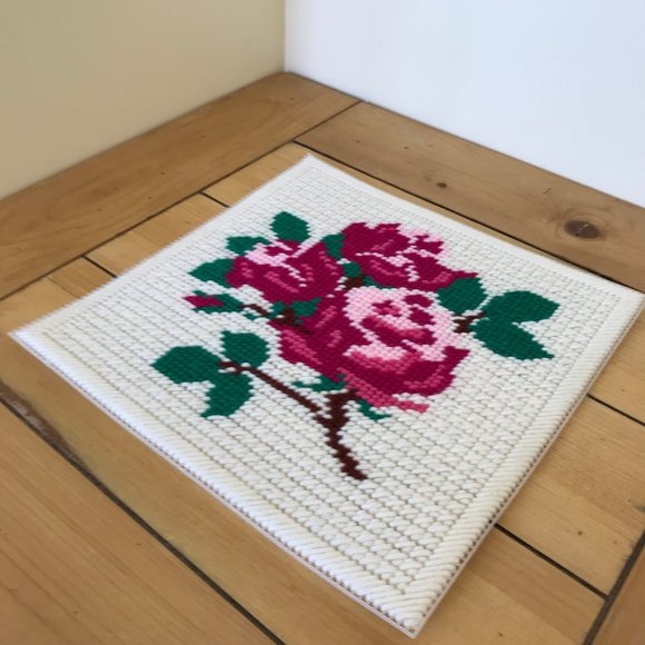 Hand Crafted Other - Needlepoint Rose Bouquet Plastic Canvas Placemat or Wall Hanging 10.5" Square